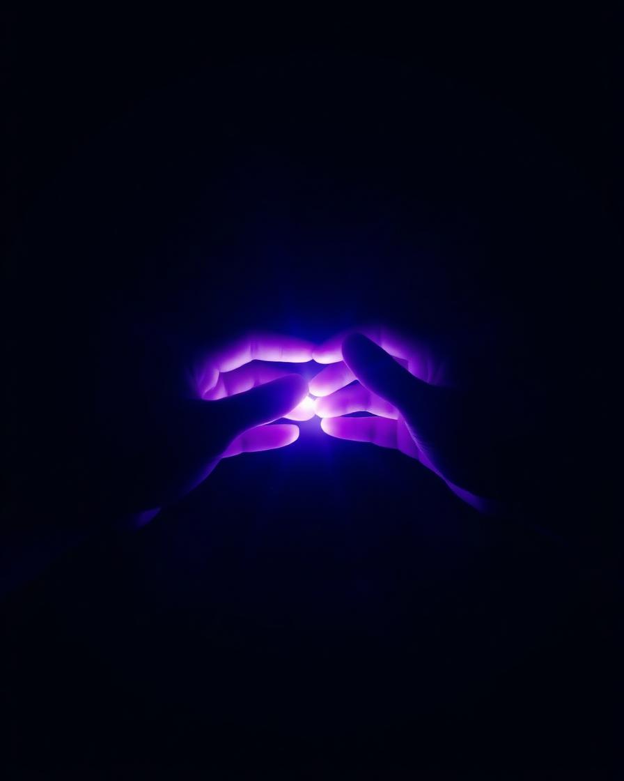 Two hands with subtle violet energy between them